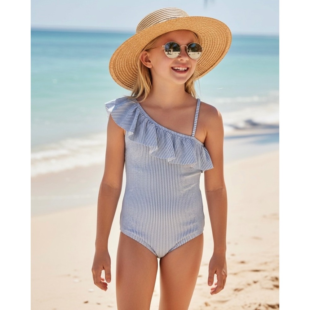 H&M Girls Size 16  Striped Ruffle One Shoulder Swimsuit Bathing Suit‎ Beach